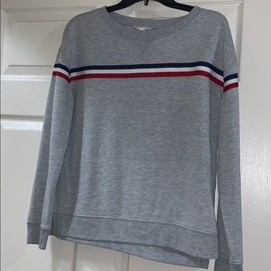 Grey sweatshirt with red, white and blue stripe